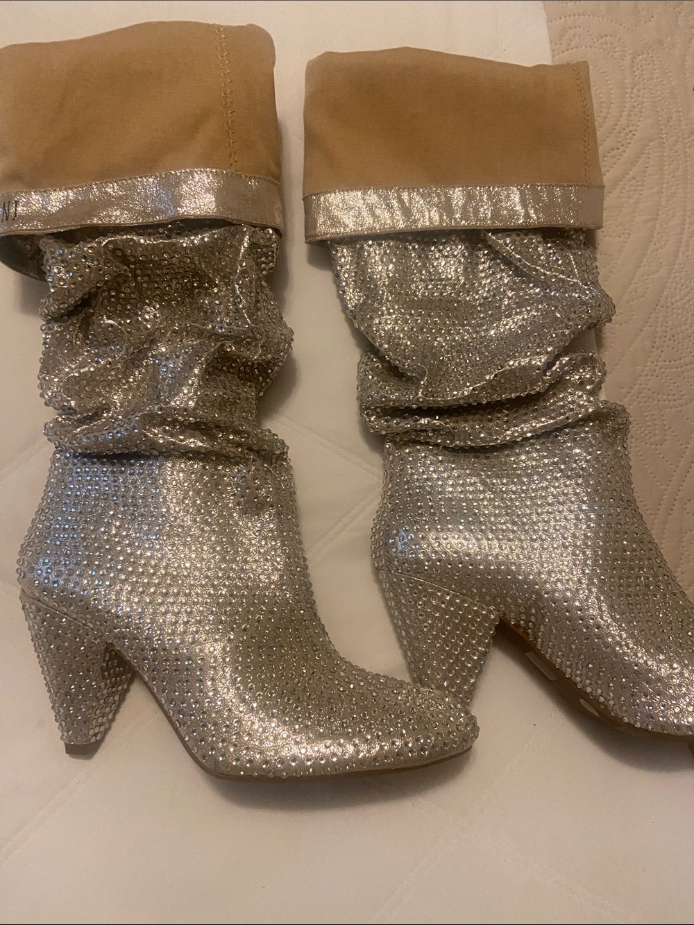 INC International Concepts Silver Rhinestone Slouch Boots with Tan Cuff